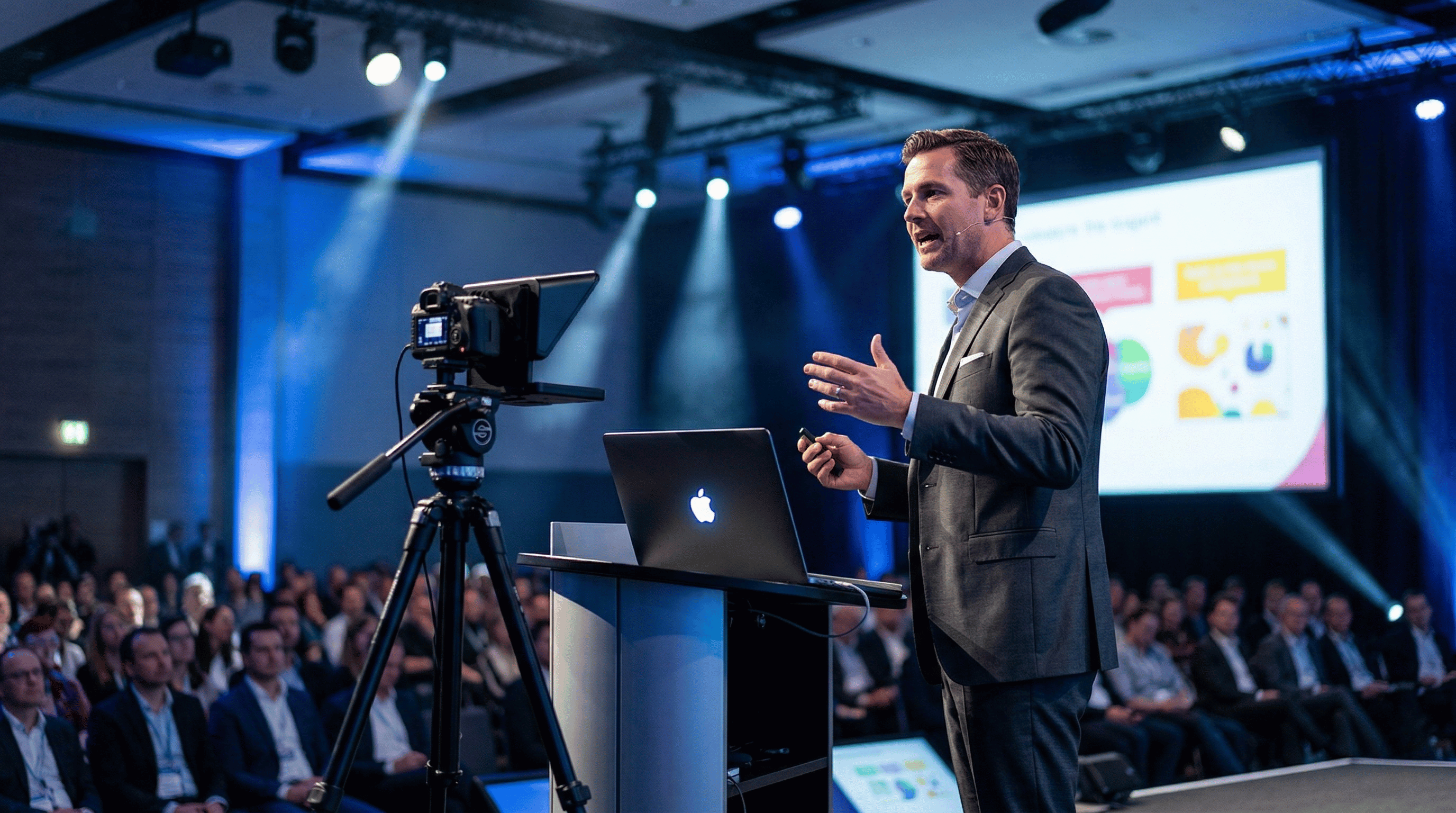 Professional speaker with teleprompter at conference