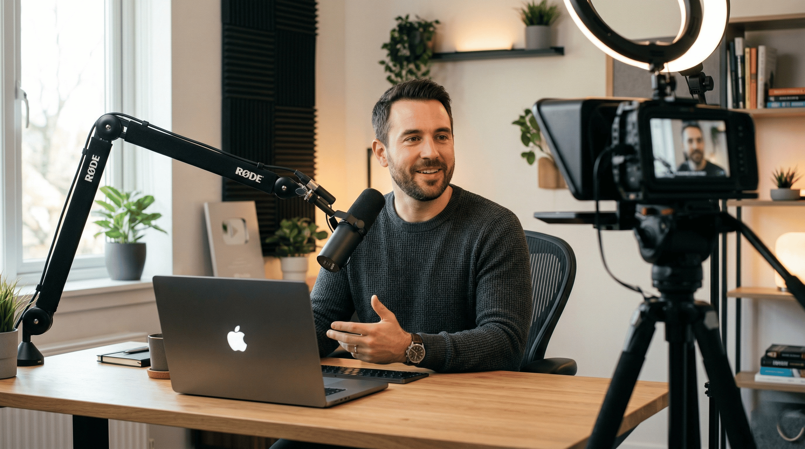 YouTube creator using teleprompter